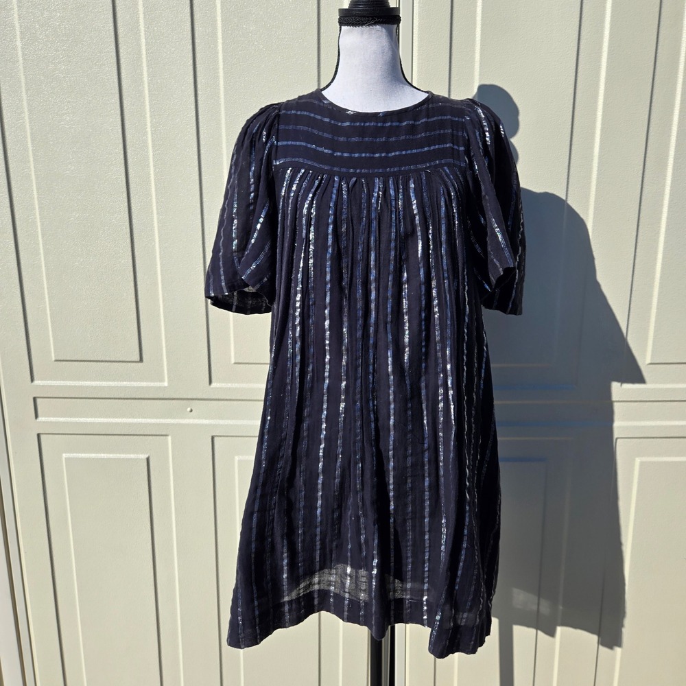 Isabel Marant Etoile Black Silver Metallic‎ Stripe Cotton Mini Dress 34